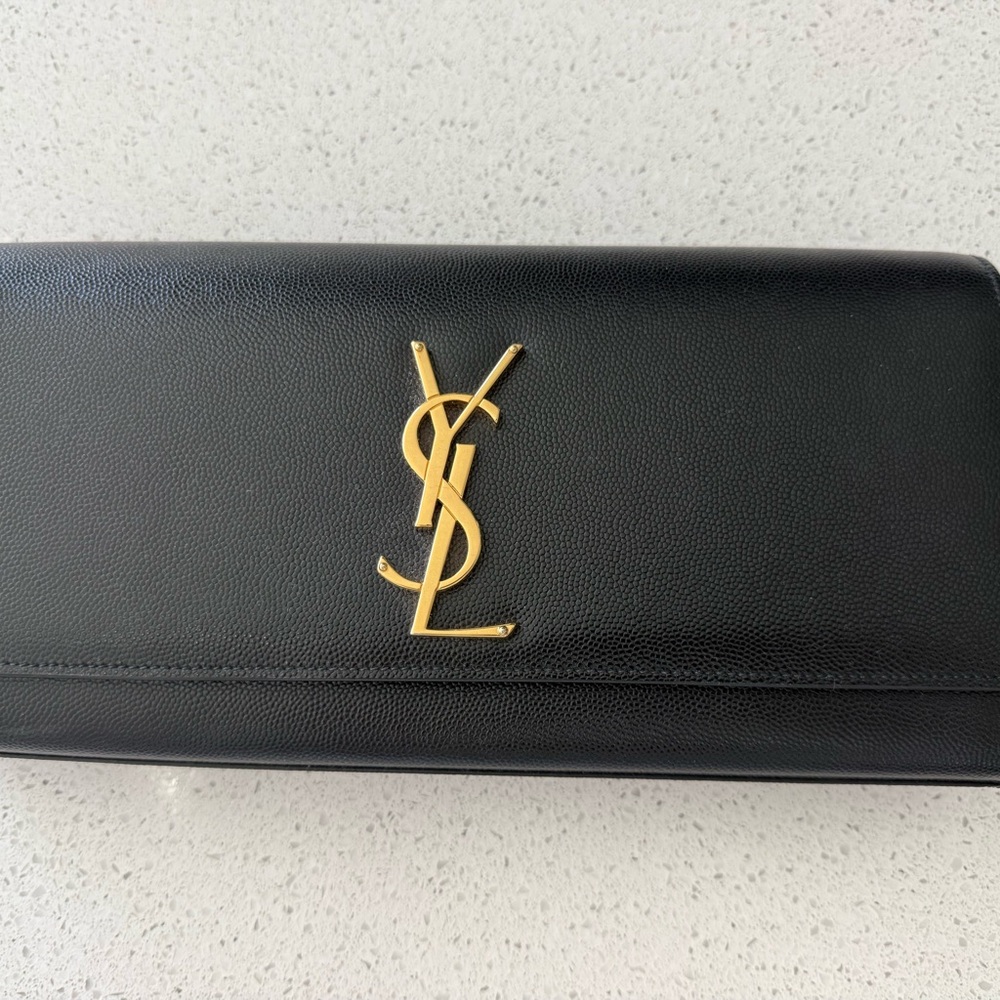 Yves Saint Laurent Black Clutch with Gold Logo - AUTHENTIC
